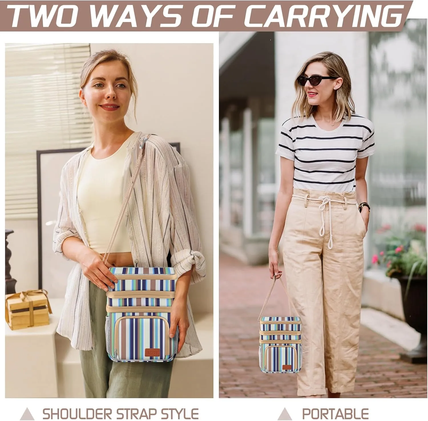 Insulated Lunch Bag for Women Men, Reusable 3 Layers Lunch Box Women, Expandable Reusable Water-resistant Lunch Box for Work Travel Office Picnic Hiking (Stripe)
