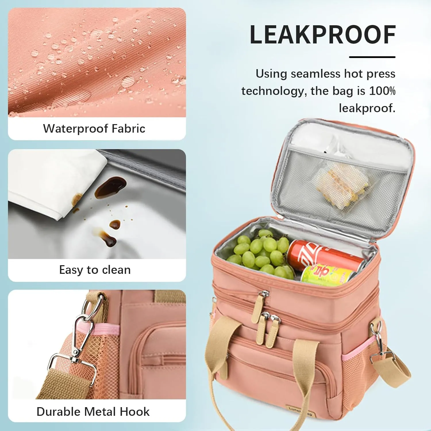 Insulated Lunch Bag for Women/Men 16L Lunch Bag, Expandable Cooler Bag, Reusable Adult Lunch Box, Leak Proof Lunch Tote with Adjustable Shoulder Strap, Suitable for Work, Travel (Pink)