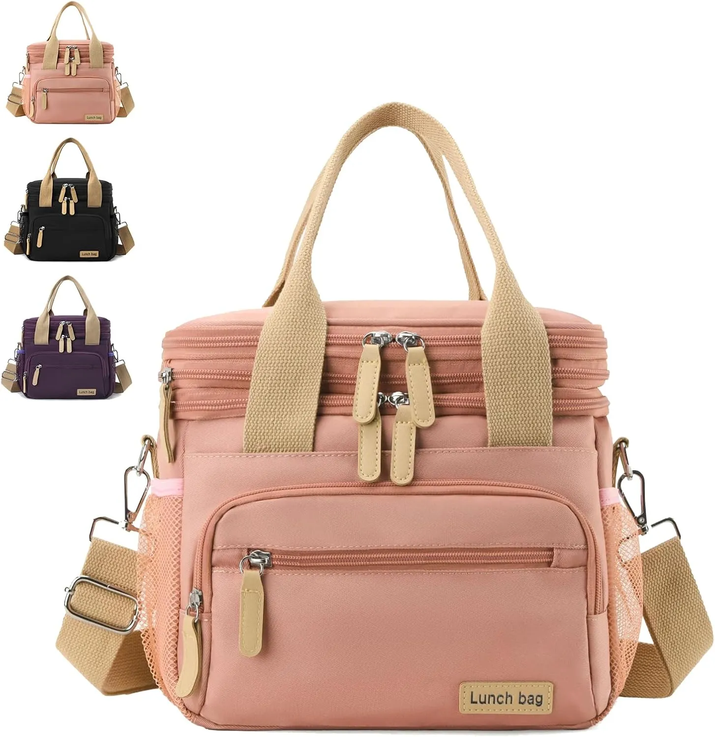 Insulated Lunch Bag for Women/Men 16L Lunch Bag, Expandable Cooler Bag, Reusable Adult Lunch Box, Leak Proof Lunch Tote with Adjustable Shoulder Strap, Suitable for Work, Travel (Pink)