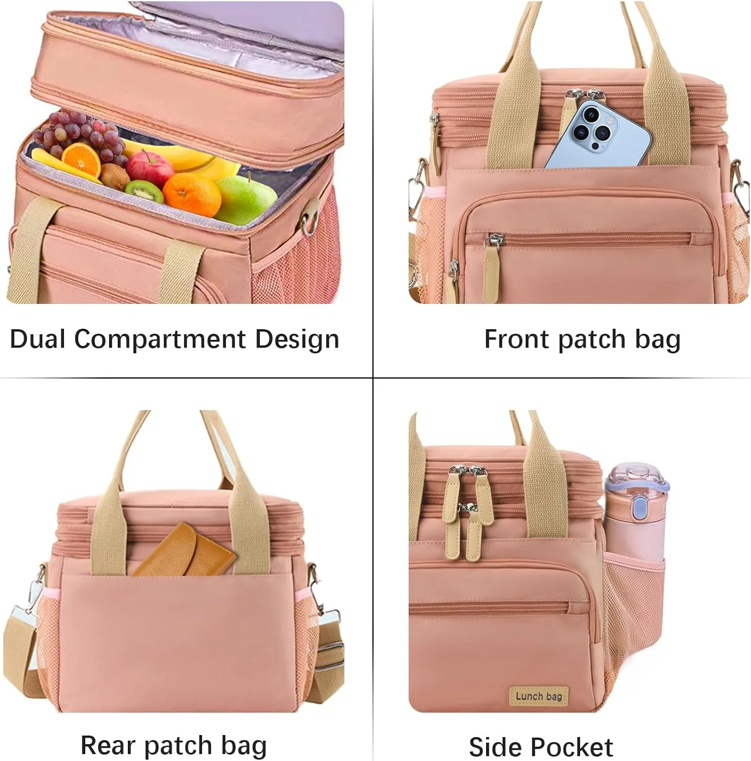 Insulated Lunch Bag for Women/Men 16L Lunch Bag, Expandable Cooler Bag, Reusable Adult Lunch Box, Leak Proof Lunch Tote with Adjustable Shoulder Strap, Suitable for Work, Travel (Pink)
