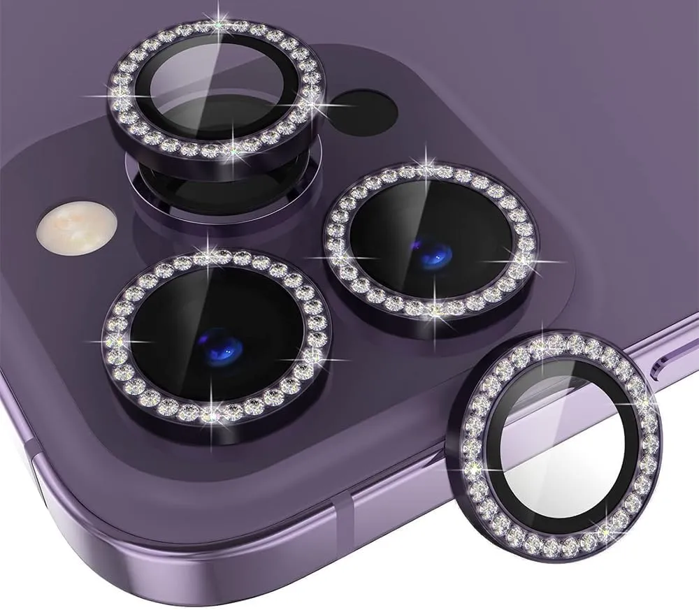 IPG ProLENS Diamond Frame Rhinestones Bling Camera Lens Protector for iPhone 14 Pro - 14 Pro Max Alumina Silicate Tempered Class, HD Clarity, Scratch-Resistant, Individual Lens Cover for 14MaxDIApurp
