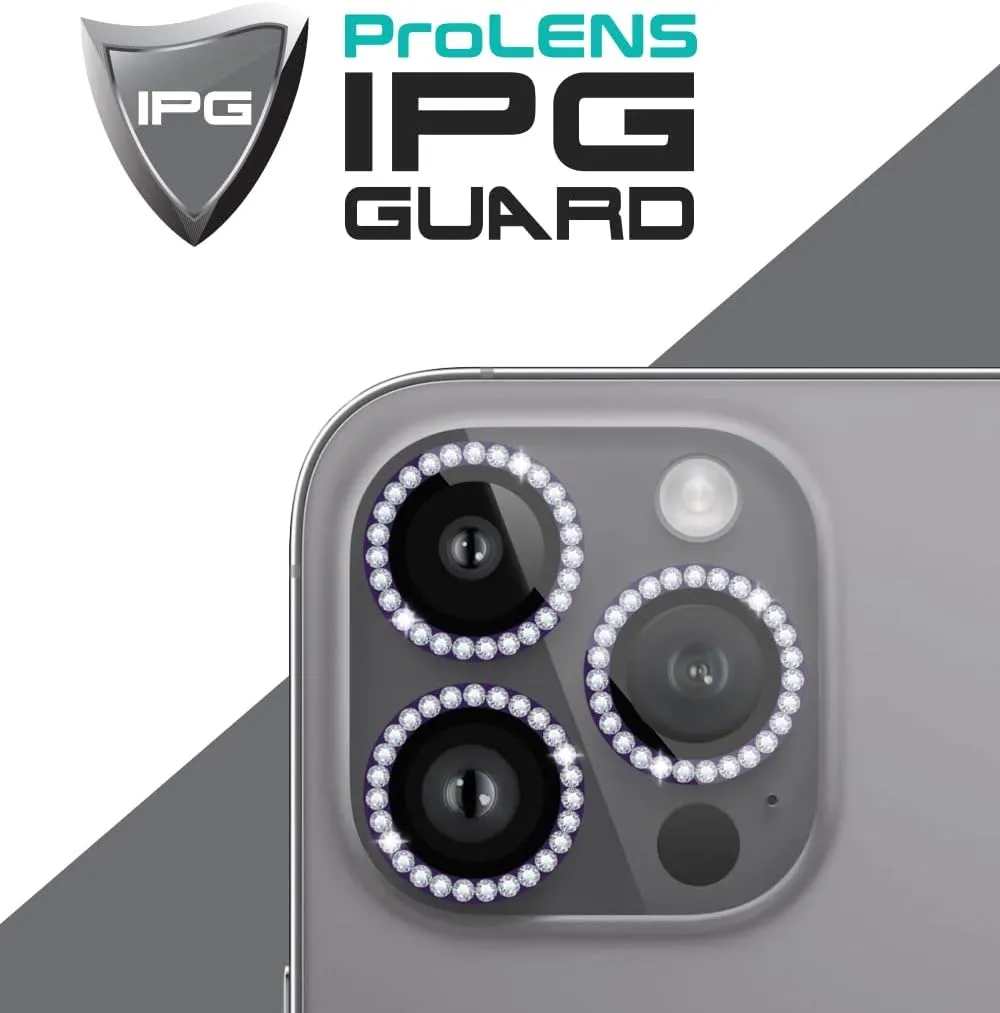 IPG ProLENS Diamond Frame Rhinestones Bling Camera Lens Protector for iPhone 14 Pro - 14 Pro Max Alumina Silicate Tempered Class, HD Clarity, Scratch-Resistant, Individual Lens Cover for 14MaxDIApurp