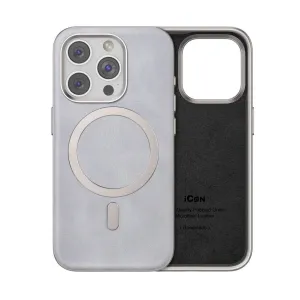 iPhone 15 Plus Premium Luxurious Leather with Metal Magnetic Magsafe Ring - Titanium Grey