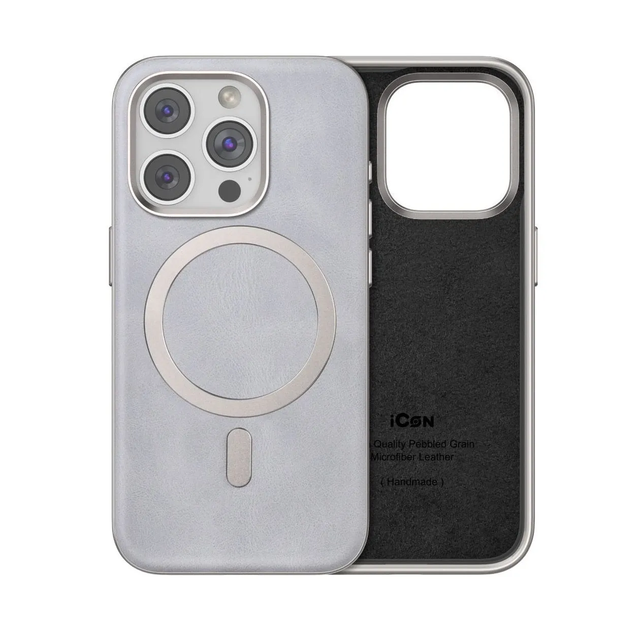 iPhone 15 Plus Premium Luxurious Leather with Metal Magnetic Magsafe Ring - Titanium Grey