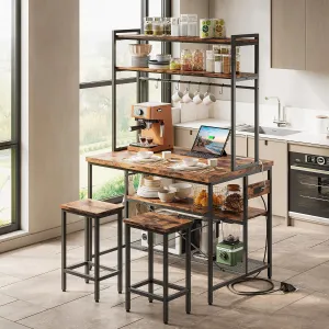 IRONCK Kitchen Island with Stools, Dining Table Set with Storage and Power Outlet, Industrial Coffee Bar Table for Kitchen Dining Living Room, 10 Hooks (Vintage Brown)
