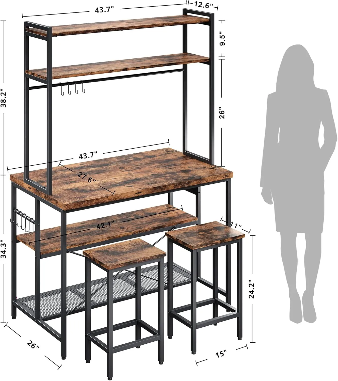 IRONCK Kitchen Island with Stools, Dining Table Set with Storage and Power Outlet, Industrial Coffee Bar Table for Kitchen Dining Living Room, 10 Hooks (Vintage Brown)
