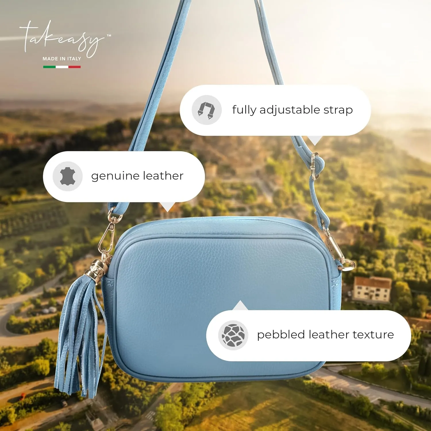 Italian Genuine Calf Leather Crossbody Bag for Women with Zip Strap Tassel | Small Camera Purse Shoulder Handbag Pocketbook