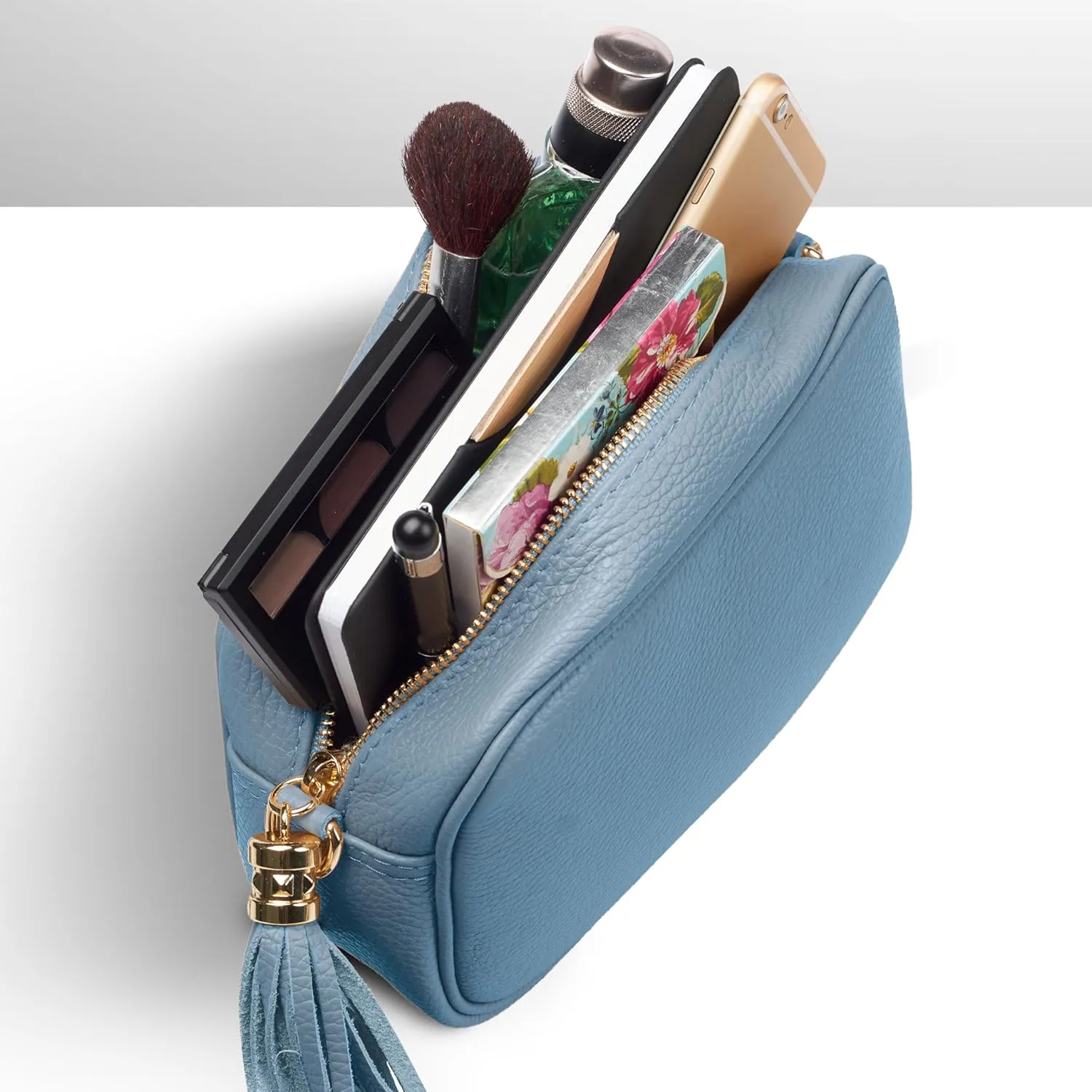 Italian Genuine Calf Leather Crossbody Bag for Women with Zip Strap Tassel | Small Camera Purse Shoulder Handbag Pocketbook