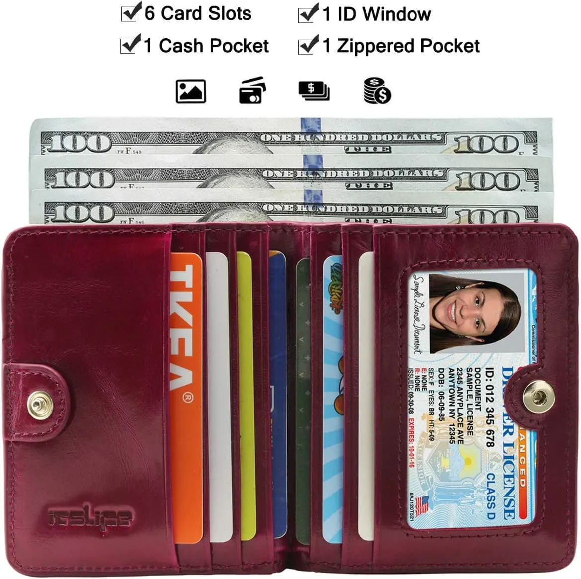 Itslife Women's Rfid Blocking Small Compact Bifold Leather Pocket Wallet Ladies Mini Purse with id Window (Waxed Fuchsia)