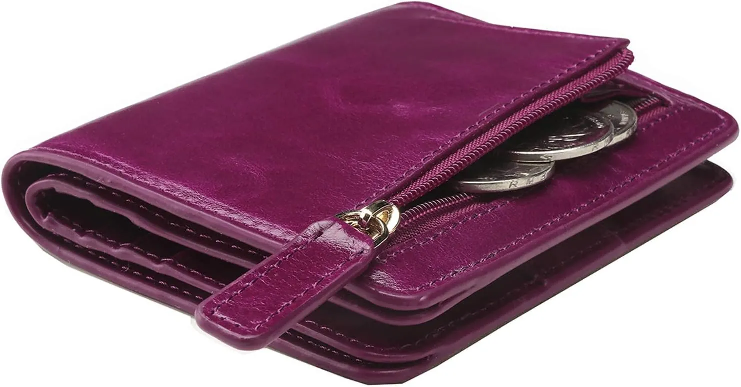 Itslife Women's Rfid Blocking Small Compact Bifold Leather Pocket Wallet Ladies Mini Purse with id Window (Waxed Fuchsia)
