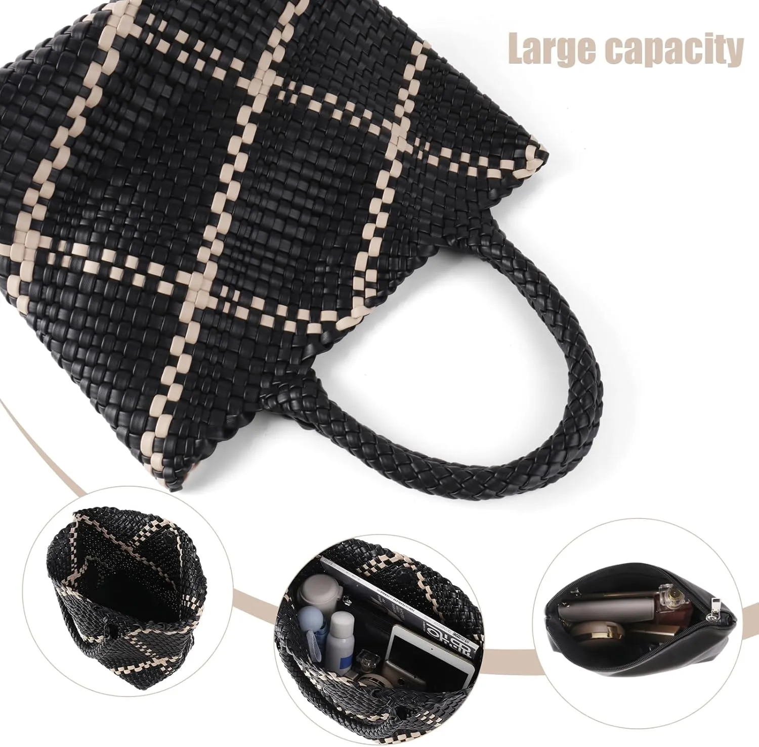 IwIeIaIrI Woven Tote Bag for Women Vegan Leather Hand-Woven Tote Handbag