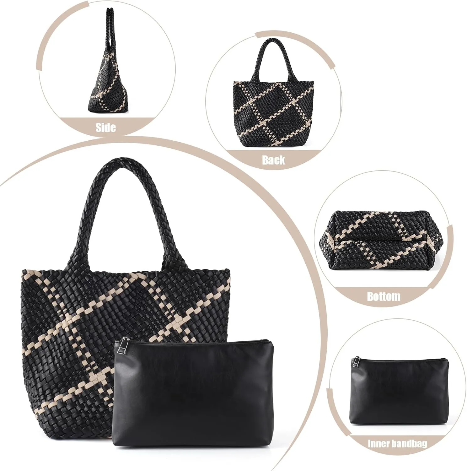 IwIeIaIrI Woven Tote Bag for Women Vegan Leather Hand-Woven Tote Handbag