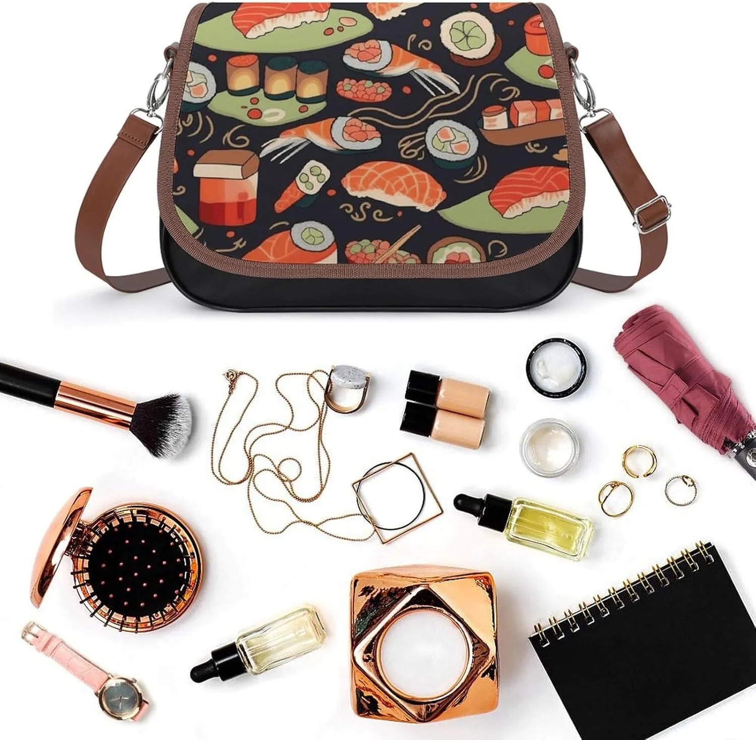 Japanese Sushi Shrimp Crossbody Bags for Women Travel Shoulder Bag Small Leather Cross Body Handbags