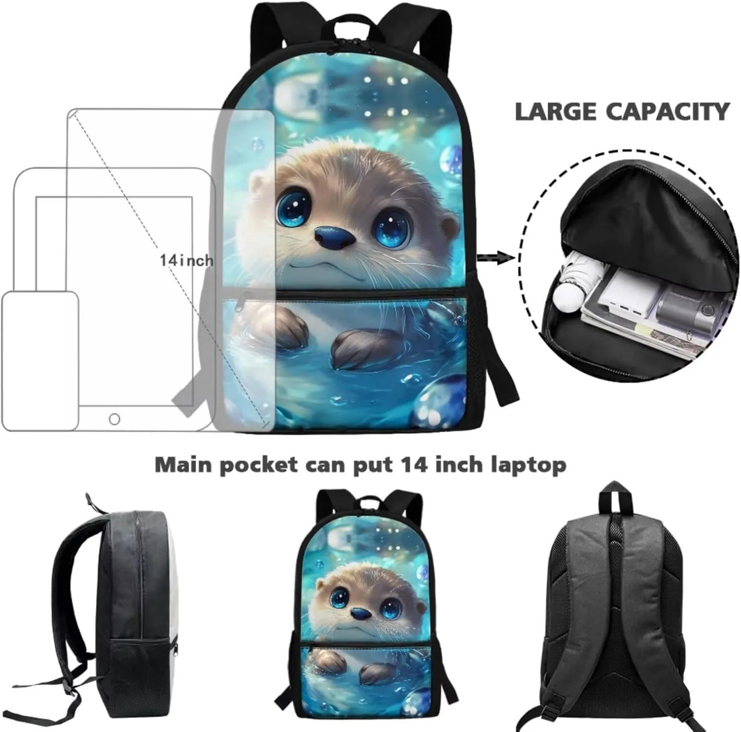 JEOCODY Cute Otter Backpack for Girls Kids School Bag with Lunch Bag Pencil Case Water Bottle Holder,Childrens Backpack for Boys Casual Daypack for Travel Hiking