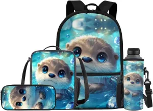 JEOCODY Cute Otter Backpack for Girls Kids School Bag with Lunch Bag Pencil Case Water Bottle Holder,Childrens Backpack for Boys Casual Daypack for Travel Hiking