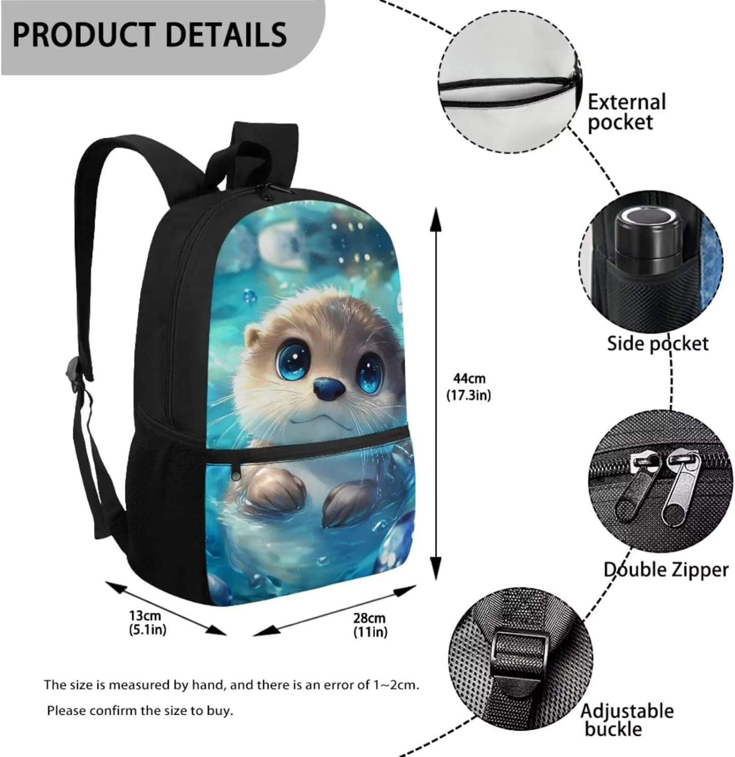 JEOCODY Cute Otter Backpack for Girls Kids School Bag with Lunch Bag Pencil Case Water Bottle Holder,Childrens Backpack for Boys Casual Daypack for Travel Hiking