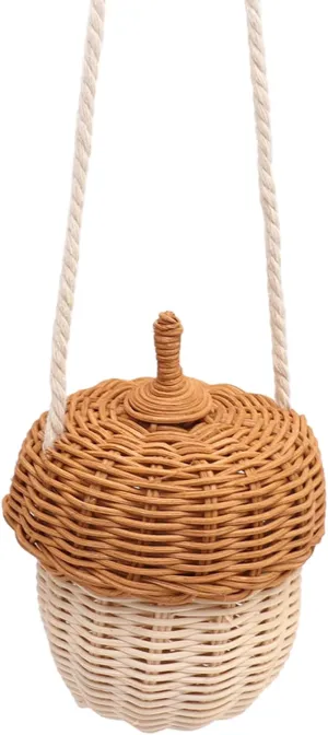 Jerys Rattan Storage Basket Bag, Cute Acorn Shaped Kids Rattan Storage Basket Hand Woven Durable Multifunctional for Girls for Outdoor (Small Shoulder Bag)