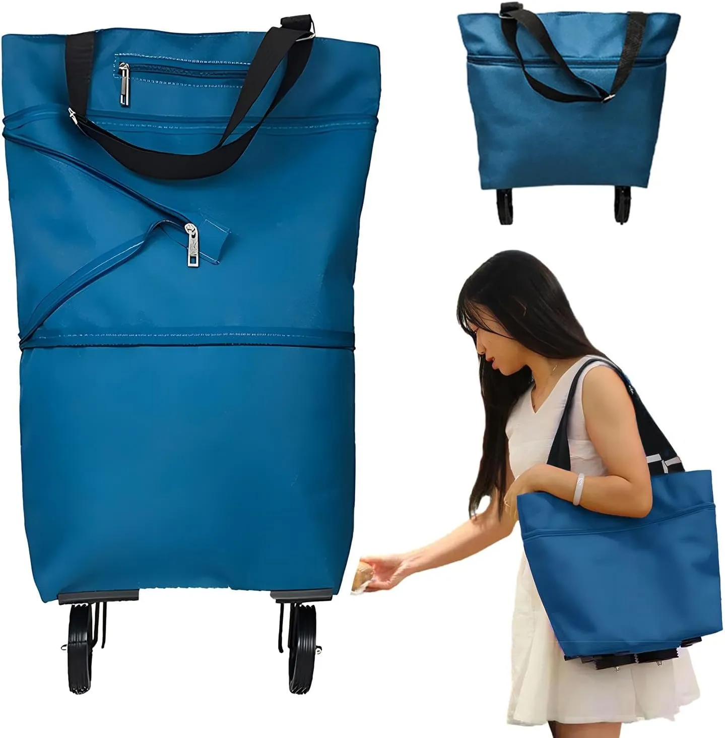 JIANWEI Collapsible Shopping Cart with 360° Swivel Wheels, Portable Folding Trolle-y Grocery Bag, Reusable Foldable Tote Grocery Cart Large Capacity Used for Travel and Home(Lake Blue)