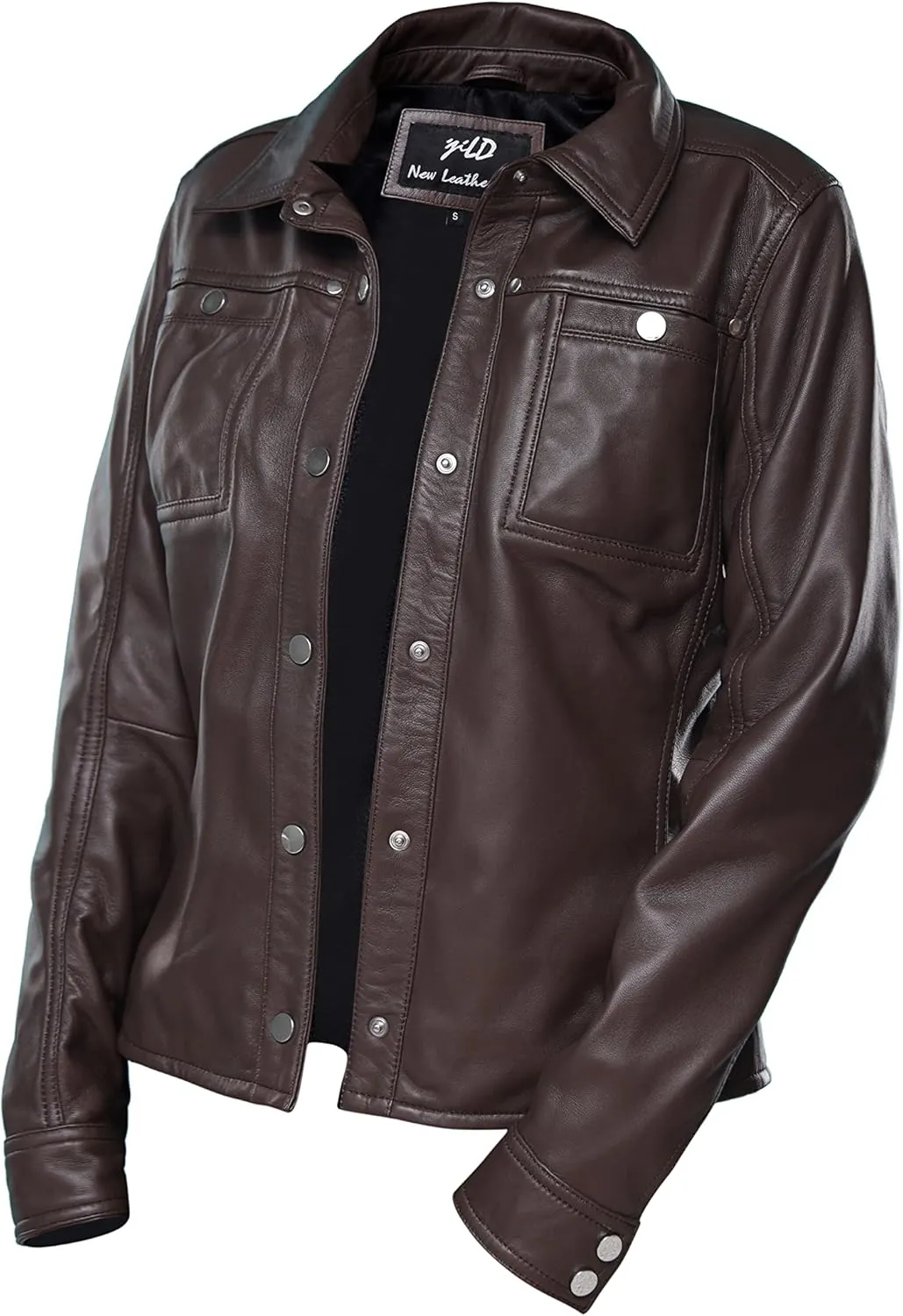 Jild Womens Button Front Lambskin Leather Jacket Shacket - Casual Shirt Long Sleeve Leather Jacket Women with Bust Pocket