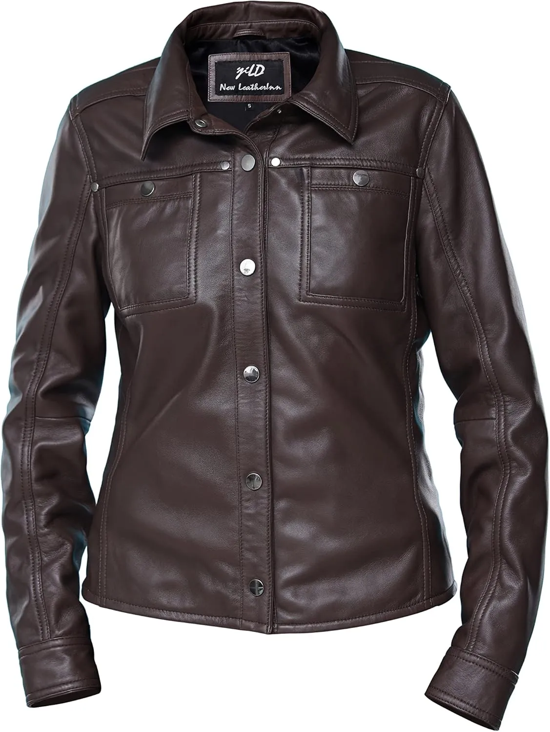 Jild Womens Button Front Lambskin Leather Jacket Shacket - Casual Shirt Long Sleeve Leather Jacket Women with Bust Pocket