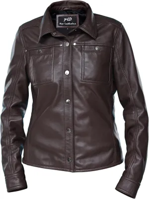 Jild Womens Button Front Lambskin Leather Jacket Shacket - Casual Shirt Long Sleeve Leather Jacket Women with Bust Pocket