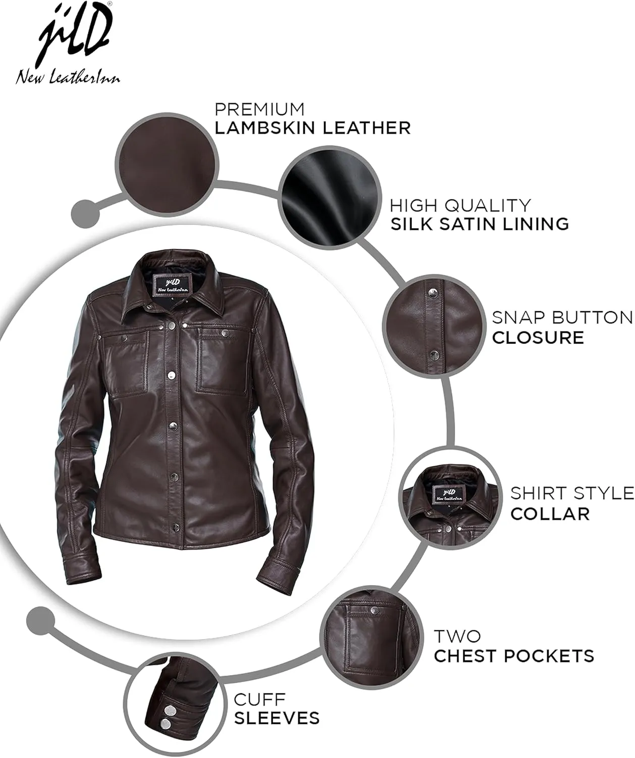 Jild Womens Button Front Lambskin Leather Jacket Shacket - Casual Shirt Long Sleeve Leather Jacket Women with Bust Pocket