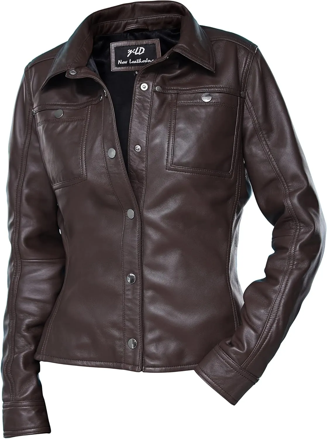 Jild Womens Button Front Lambskin Leather Jacket Shacket - Casual Shirt Long Sleeve Leather Jacket Women with Bust Pocket