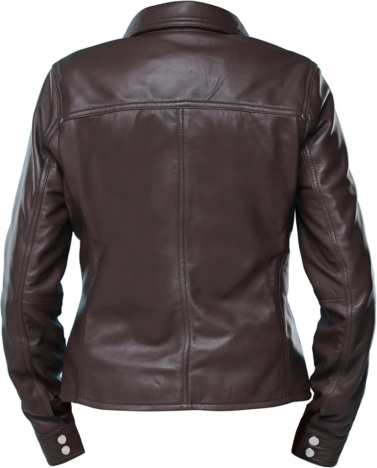 Jild Womens Button Front Lambskin Leather Jacket Shacket - Casual Shirt Long Sleeve Leather Jacket Women with Bust Pocket
