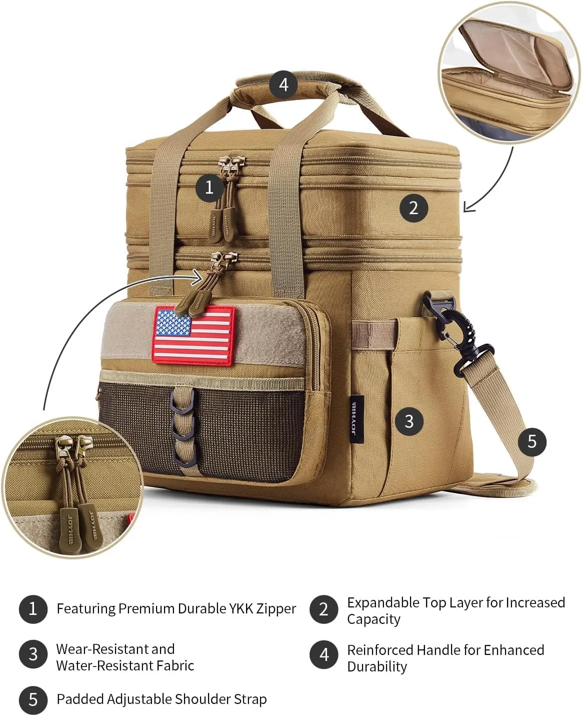 JOYHILL Tactical Lunch Box for Men, Double Deck Expandable Insulated Lunch Bag, Large Durable Thermal and Cooler Bag for Adult, Modern Leakproof Bag for Adult Work, Camping, Picnic, Navy,18 L/24 Can