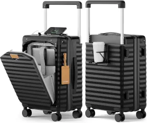 Joyway 20 Inch Carry on Luggage with Front Pocket, PC Hardshell Carry-on Suitcase with USB Port and Cup Holder, Luggage with Spinner Wheels and TSA Lock (Black)