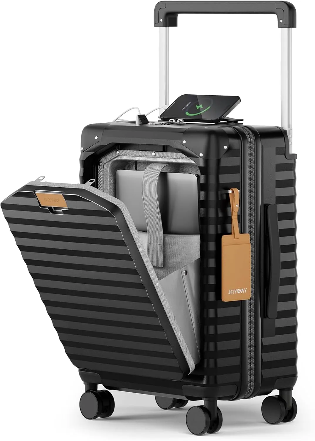 Joyway 20 Inch Carry on Luggage with Front Pocket, PC Hardshell Carry-on Suitcase with USB Port and Cup Holder, Luggage with Spinner Wheels and TSA Lock (Black)