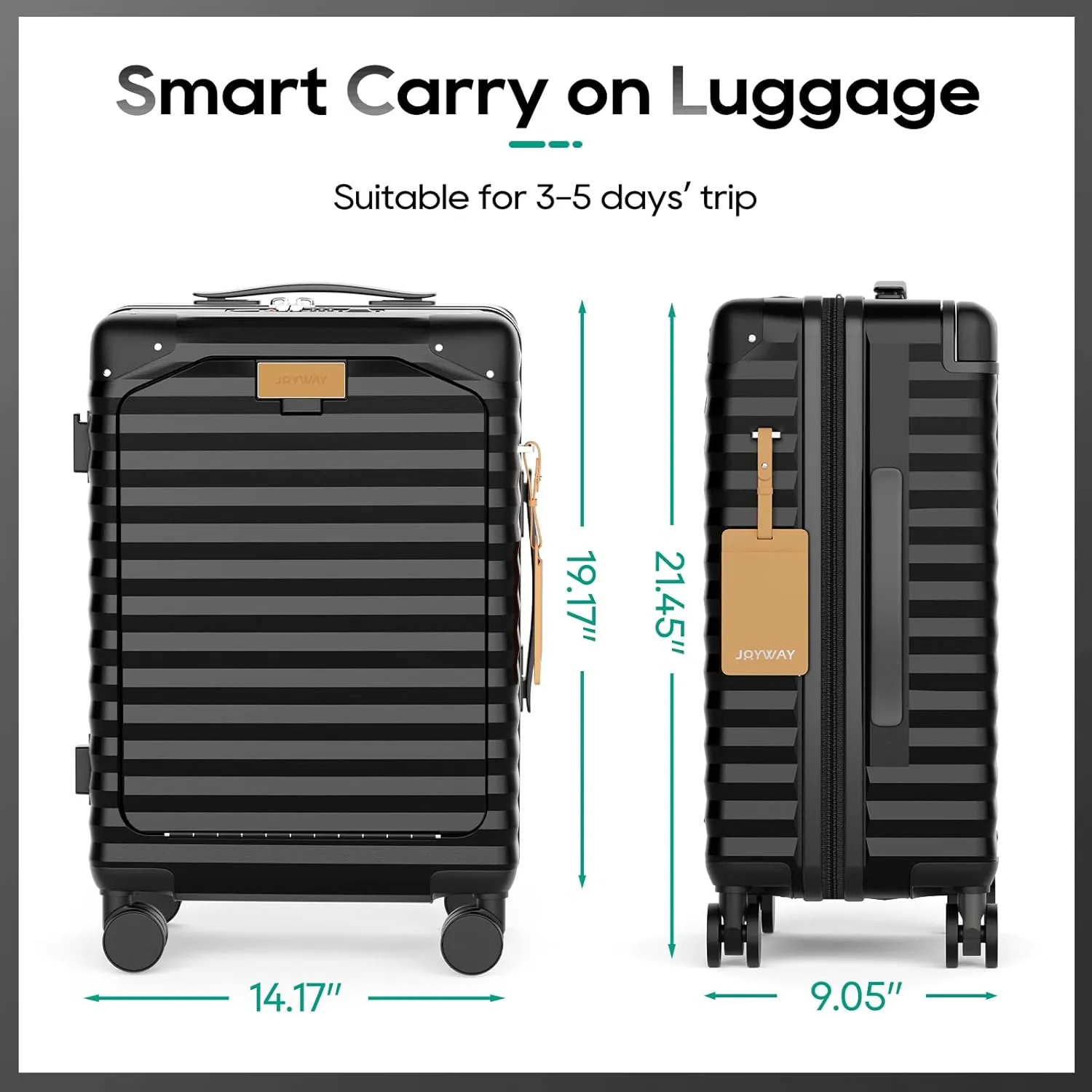Joyway 20 Inch Carry on Luggage with Front Pocket, PC Hardshell Carry-on Suitcase with USB Port and Cup Holder, Luggage with Spinner Wheels and TSA Lock (Black)