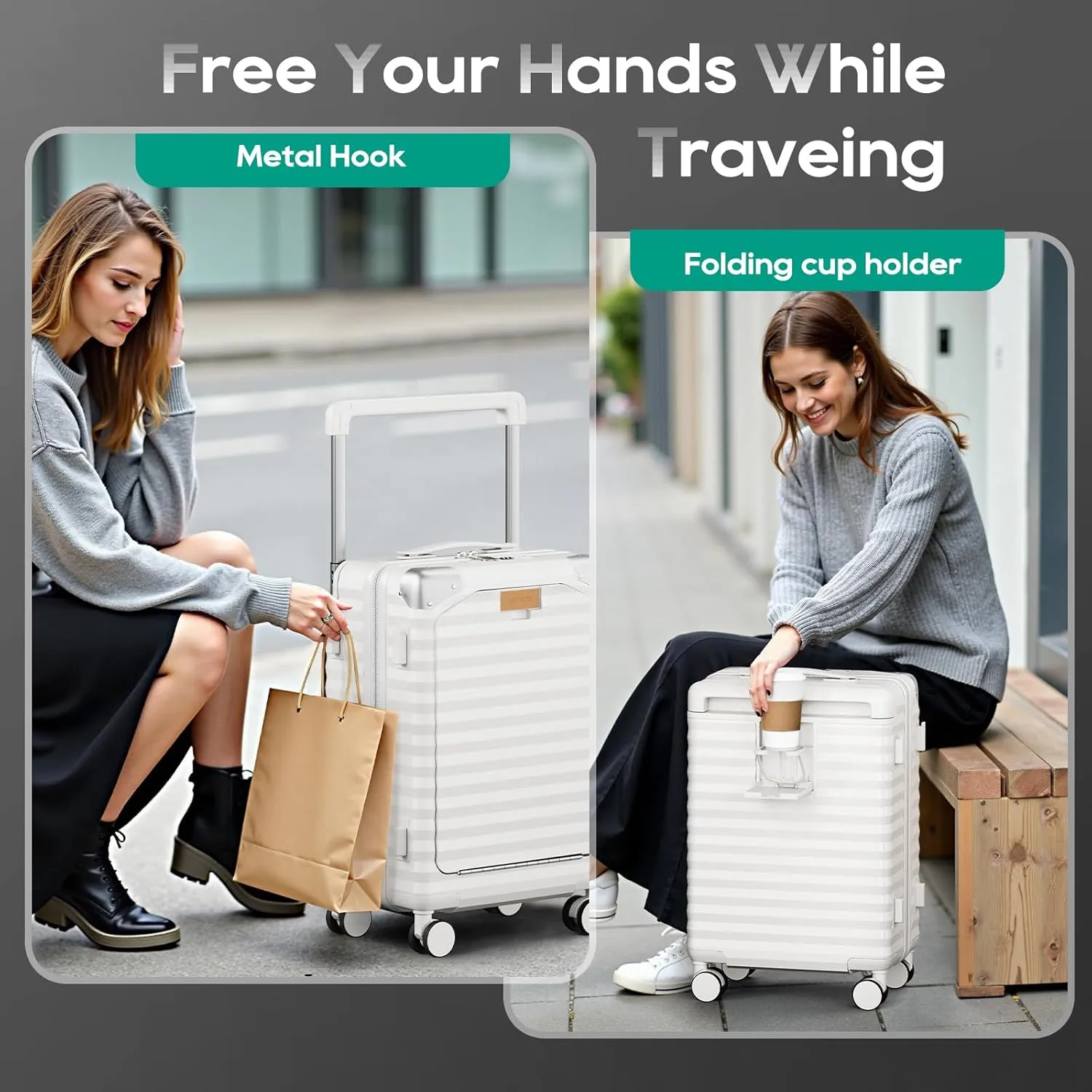 Joyway 20 Inch Carry on Luggage with Front Pocket, PC Hardshell Carry-on Suitcase with USB Port and Cup Holder, Luggage with Spinner Wheels and TSA Lock (White)