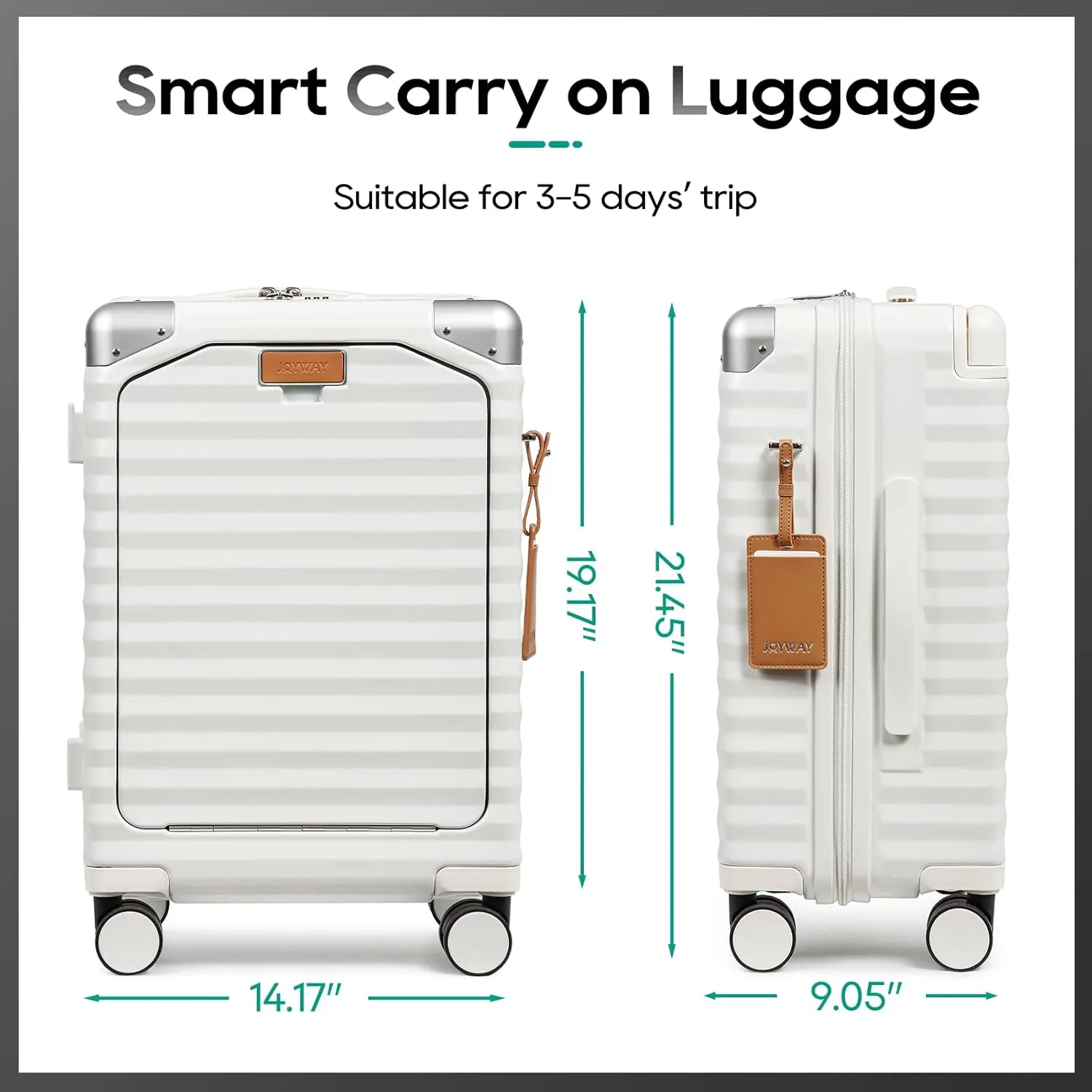 Joyway 20 Inch Carry on Luggage with Front Pocket, PC Hardshell Carry-on Suitcase with USB Port and Cup Holder, Luggage with Spinner Wheels and TSA Lock (White)