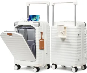 Joyway 20 Inch Carry on Luggage with Front Pocket, PC Hardshell Carry-on Suitcase with USB Port and Cup Holder, Luggage with Spinner Wheels and TSA Lock (White)