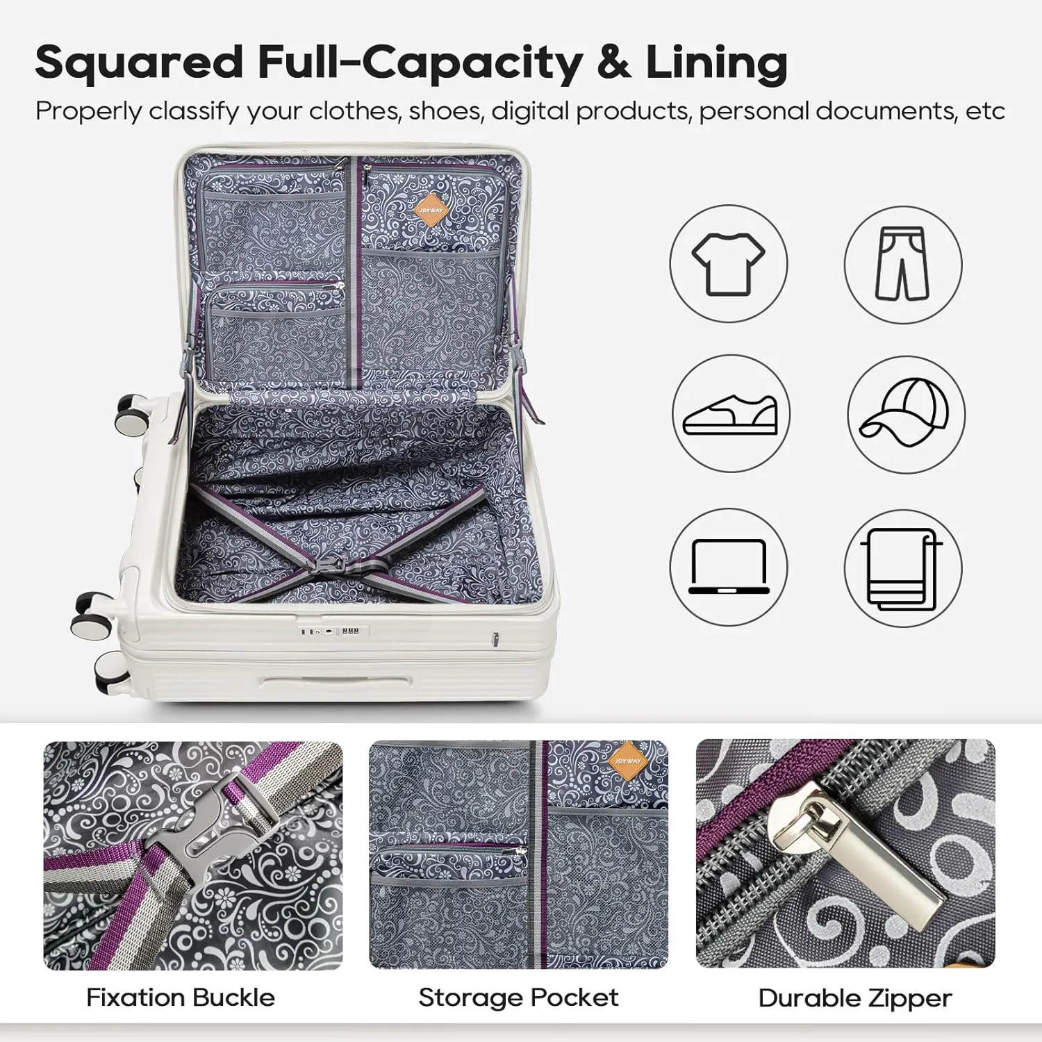 Joyway Expandable Checked Luggage 24 Inch, PC Hardshell Medium Check In Suitcase with Double Spinner Wheels, Lightweight Travel Luggage Sets with TSA Lock, White
