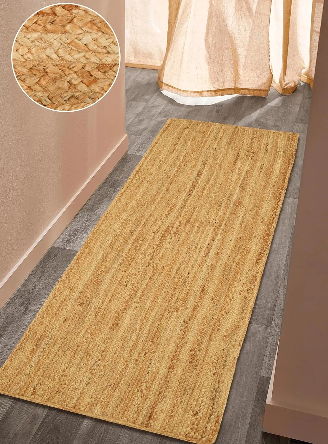 Jute Runner - Natural Fiber Hand Woven Boho Farmhouse Style 2x10 Foot Area Rug for Kitchen, Bedroom or Living Room - Braided Design Floor Decor
