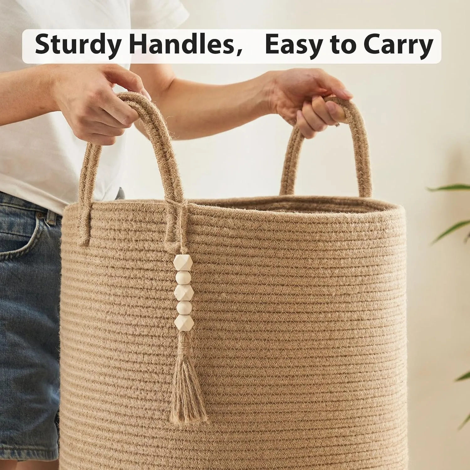 Jute Woven Rope Laundry Hamper, Tall Laundry Basket for Blanket Storage, Large Dirty Clothes Hamper for Toys, Decorative Baby Nursery Hamper for Bedroom, Living Room - Jute Brown, 58L
