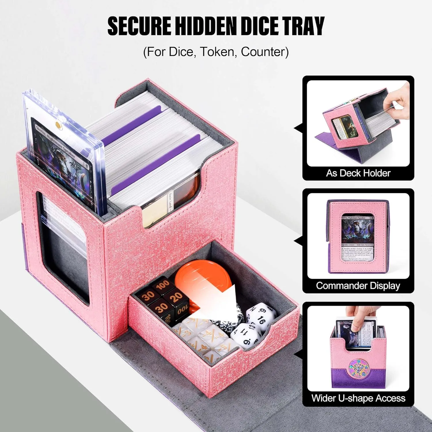 Kabinka Commander Deck Box for MTG with Metal Emblem, Card Deck Box with Dice Tray, Holds 100 Double-Sleeved Cards for TCG/PTCG, Cards Storage Case with 35PT Magnetic Card Holder (Pink& Purple, Lotus)