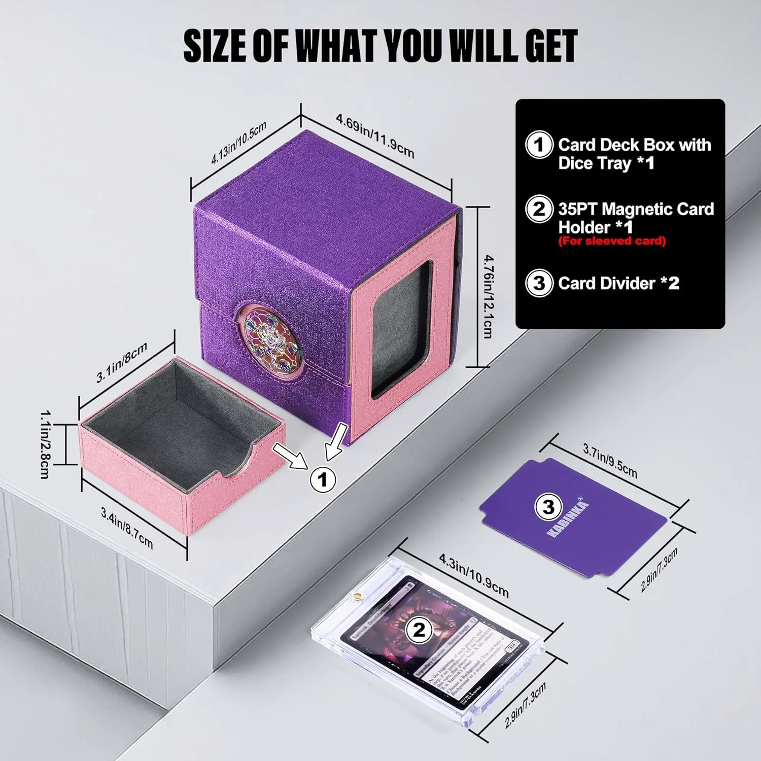 Kabinka Commander Deck Box for MTG with Metal Emblem, Card Deck Box with Dice Tray, Holds 100 Double-Sleeved Cards for TCG/PTCG, Cards Storage Case with 35PT Magnetic Card Holder (Pink& Purple, Lotus)