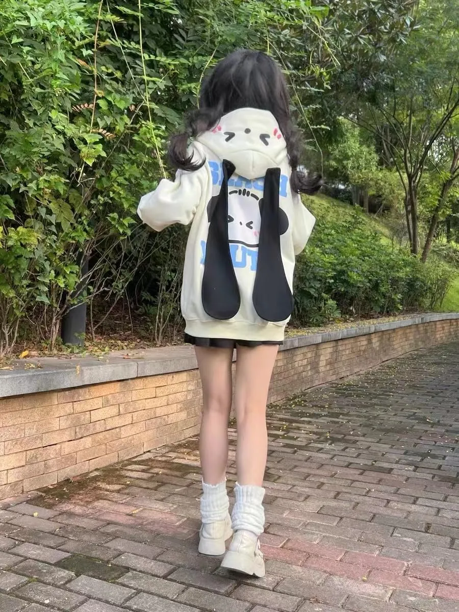 Kawaii Hoodie Zipper Harajuku Puppy Long Ear Casual Loose Hooded Sweatshirt Cutecore Y2k Graphic Pullovers