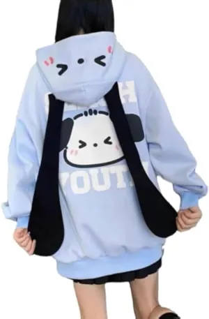 Kawaii Hoodie Zipper Harajuku Puppy Long Ear Casual Loose Hooded Sweatshirt Cutecore Y2k Graphic Pullovers