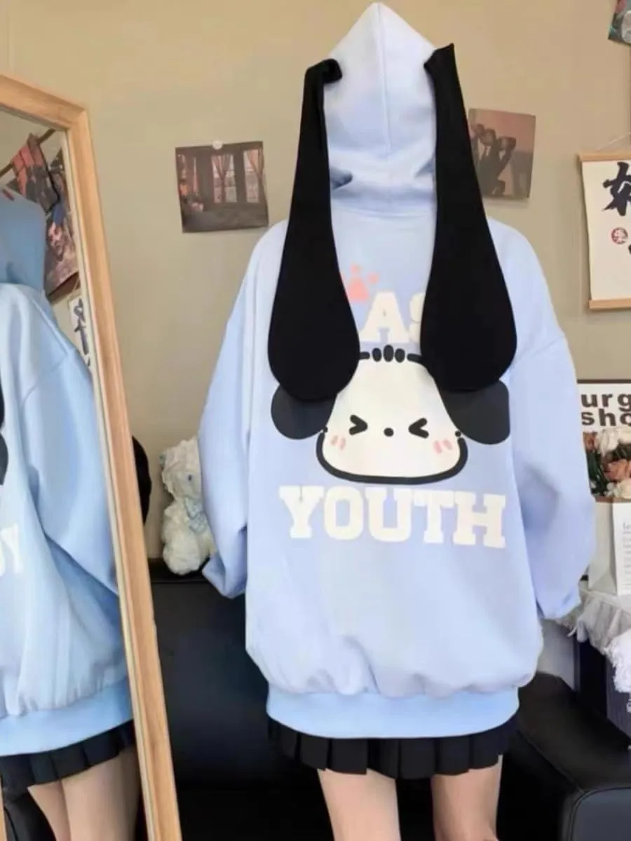 Kawaii Hoodie Zipper Harajuku Puppy Long Ear Casual Loose Hooded Sweatshirt Cutecore Y2k Graphic Pullovers