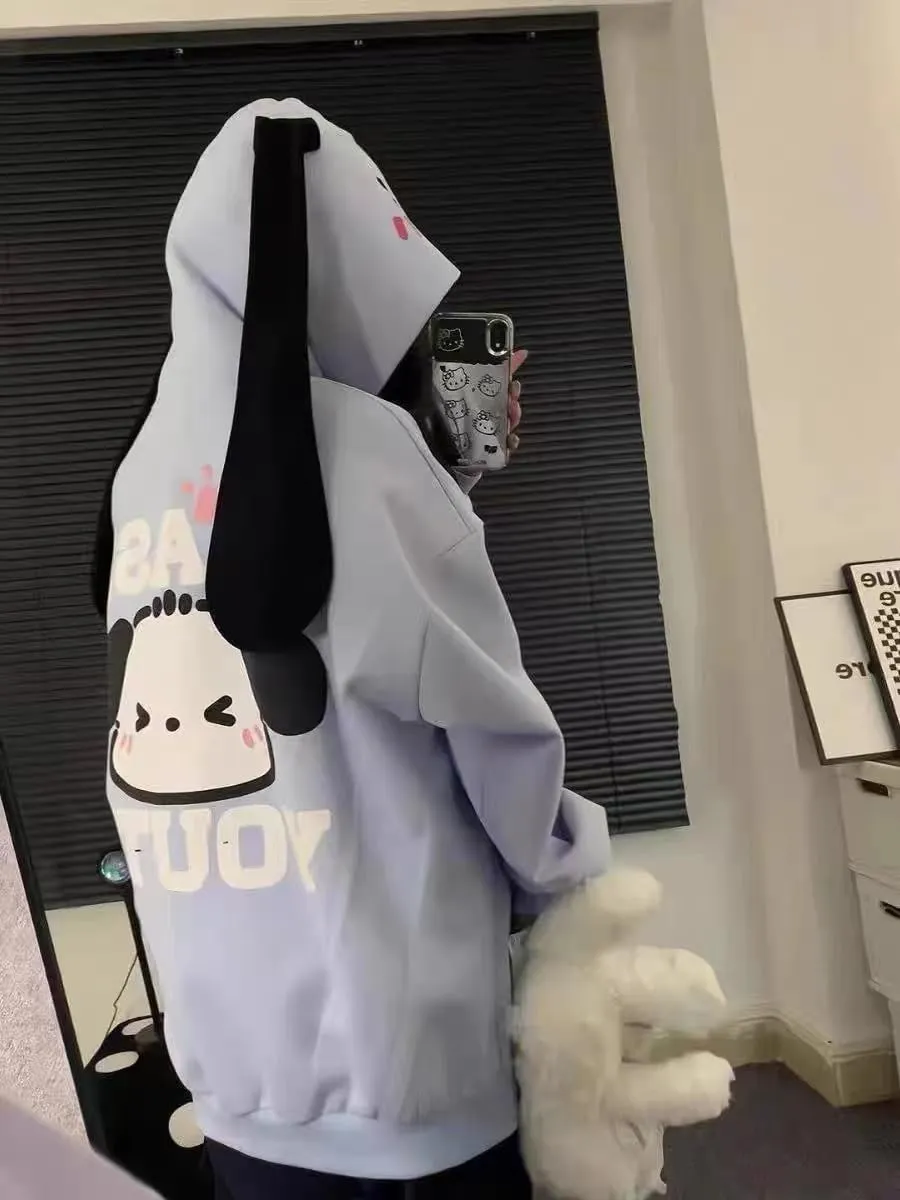 Kawaii Hoodie Zipper Harajuku Puppy Long Ear Casual Loose Hooded Sweatshirt Cutecore Y2k Graphic Pullovers