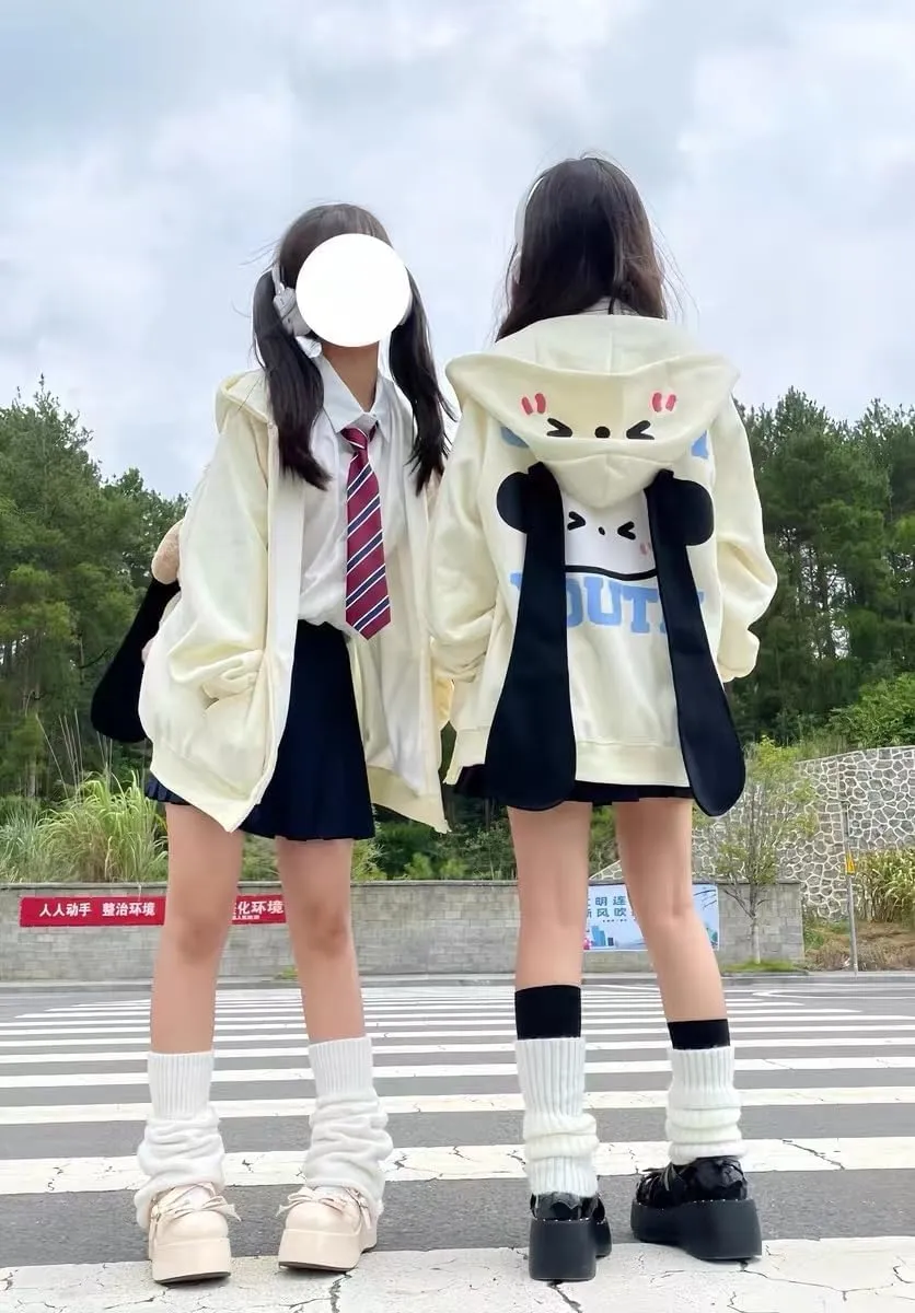 Kawaii Hoodie Zipper Harajuku Puppy Long Ear Casual Loose Hooded Sweatshirt Cutecore Y2k Graphic Pullovers