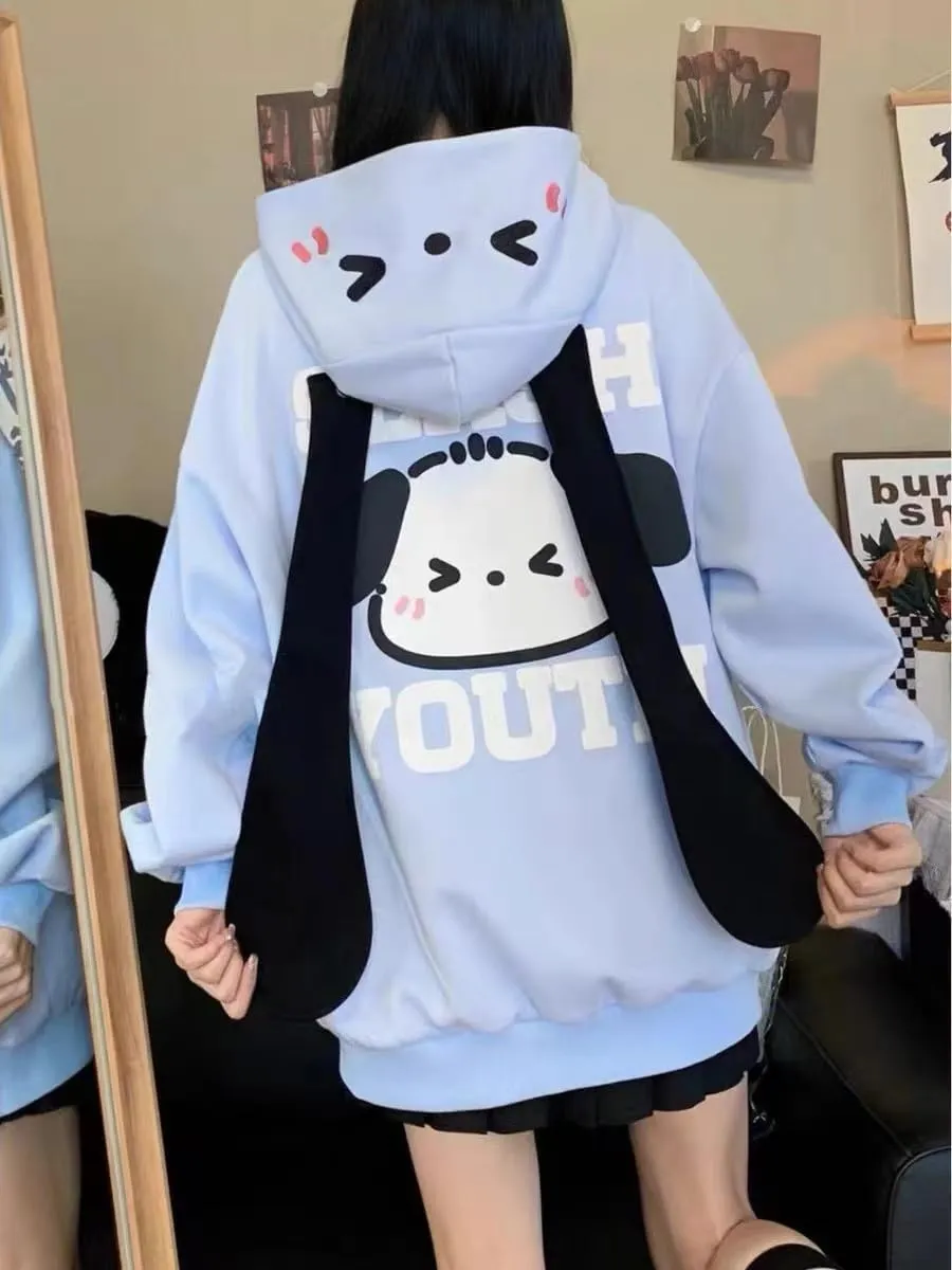 Kawaii Hoodie Zipper Harajuku Puppy Long Ear Casual Loose Hooded Sweatshirt Cutecore Y2k Graphic Pullovers