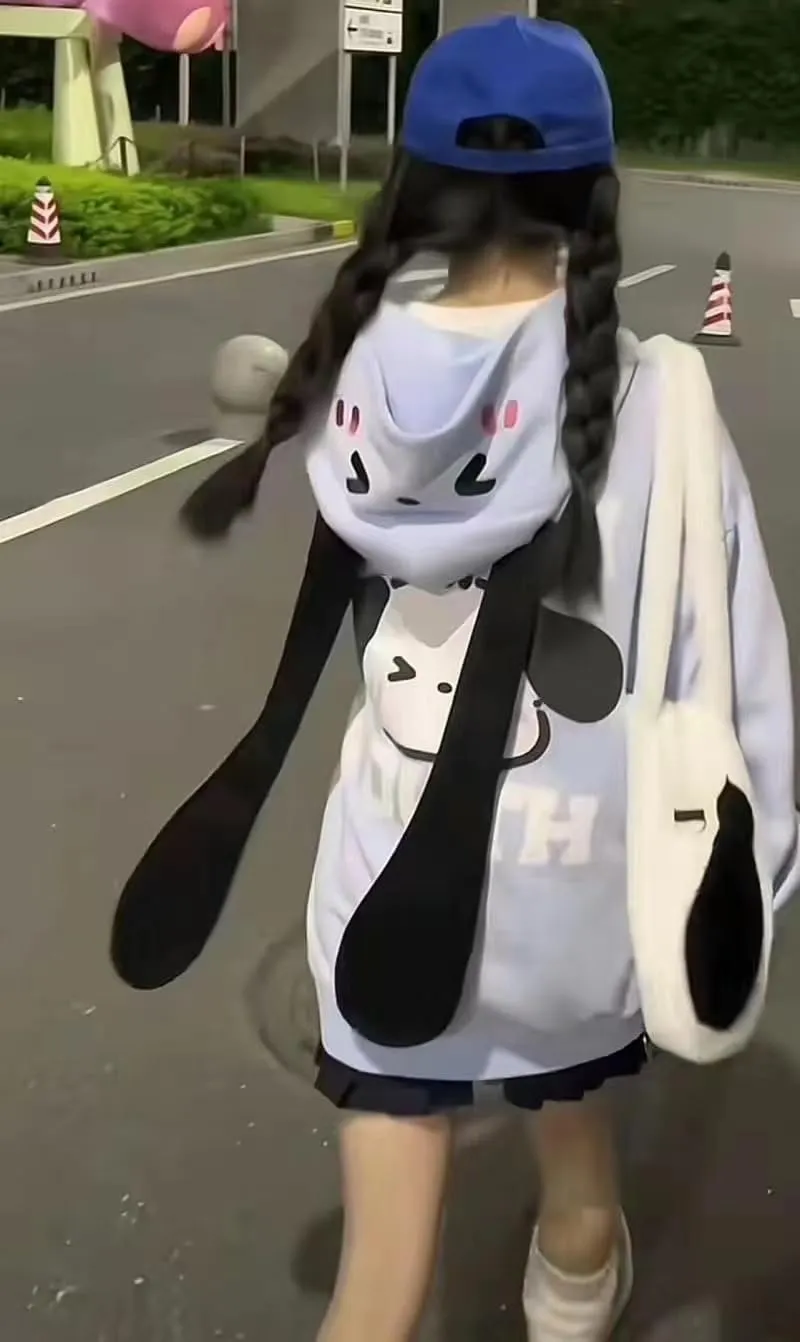 Kawaii Hoodie Zipper Harajuku Puppy Long Ear Casual Loose Hooded Sweatshirt Cutecore Y2k Graphic Pullovers
