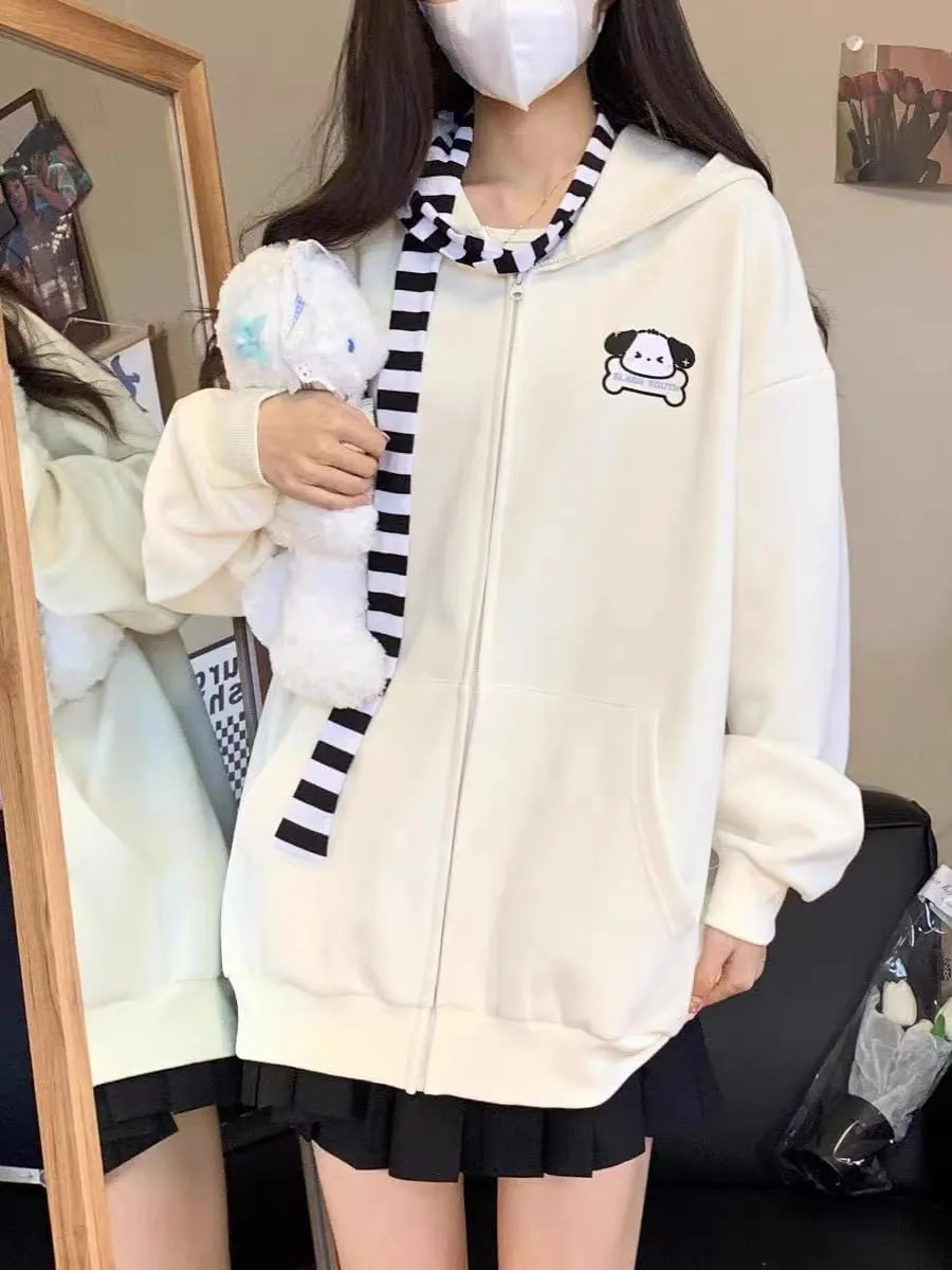 Kawaii Hoodie Zipper Harajuku Puppy Long Ear Casual Loose Hooded Sweatshirt Cutecore Y2k Graphic Pullovers