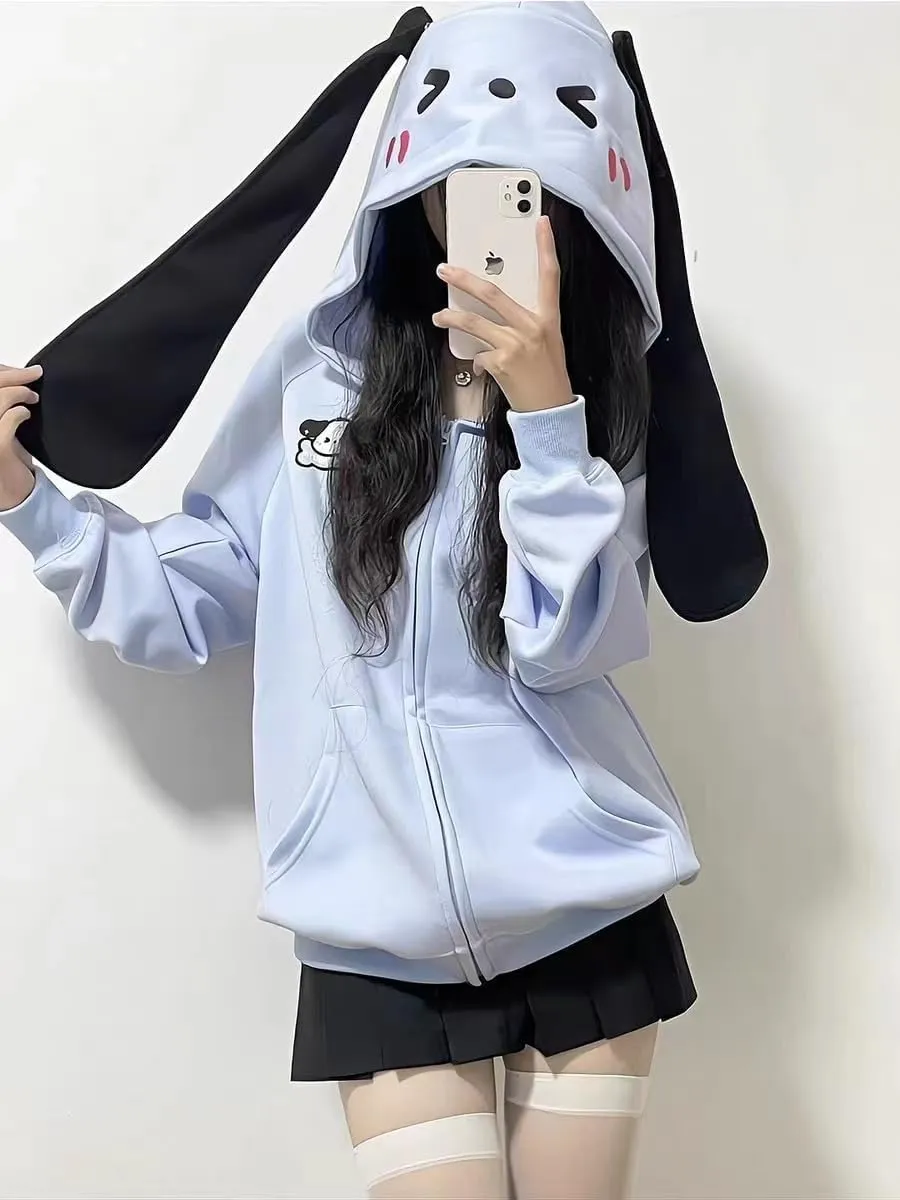 Kawaii Hoodie Zipper Harajuku Puppy Long Ear Casual Loose Hooded Sweatshirt Cutecore Y2k Graphic Pullovers