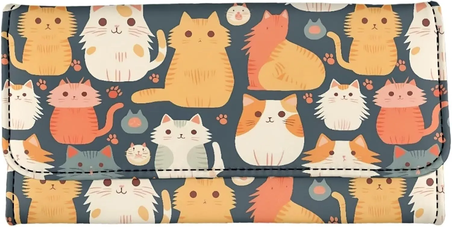 Kawaii Kitty Cat Print Women Wallet Slim Long Trifold Clutch Checkbook Wallets with Zipper Pocket, Cartoon Cats Pattern PU Leathers Wallet Purse Credit Card Holder